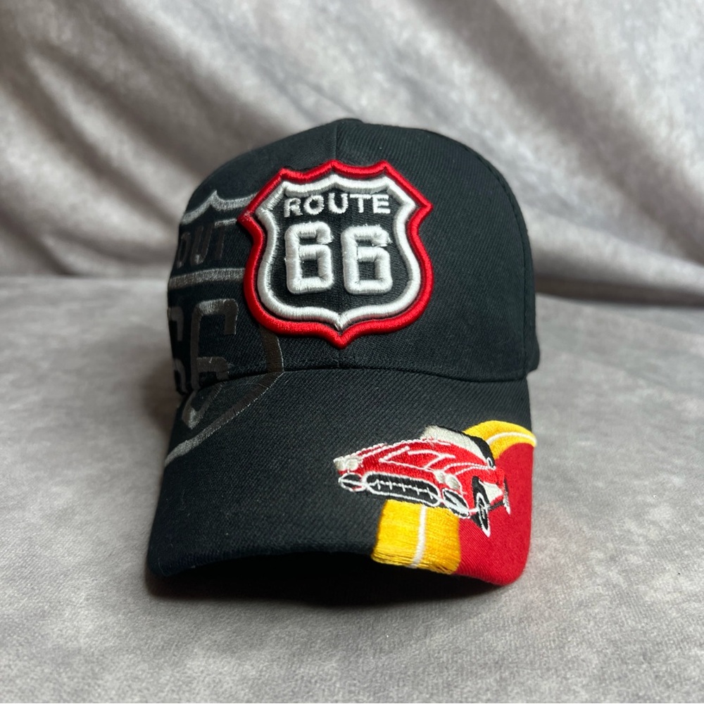 Route 66 Embroidered Black Cap Red Corvette Style Car Golden Lion Baseball Cap